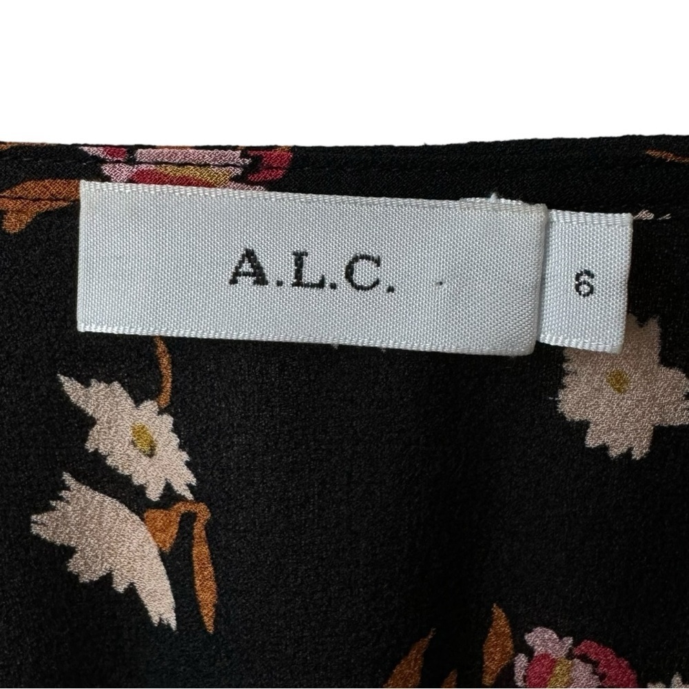 A.L.C. Carla Floral 100% Silk Wrap Crop Top Blouse Balloon Sleeves Black Small 6 - Picture 9 of 14